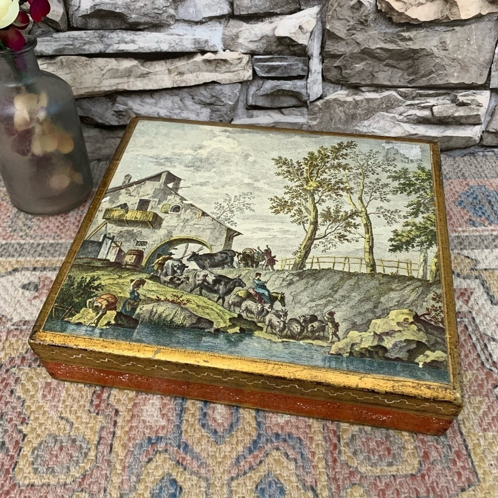 #09 Vintage Italian Florentine Marco Ricci Print Florentia Gilt Wood Jewelry Box